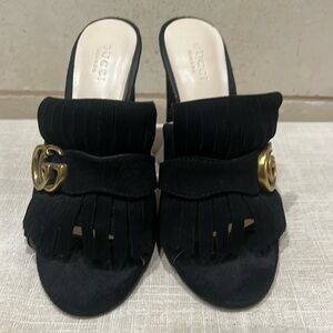 For Sale: Gucci Black Suede Marmont Fringe Mules (Size 37)